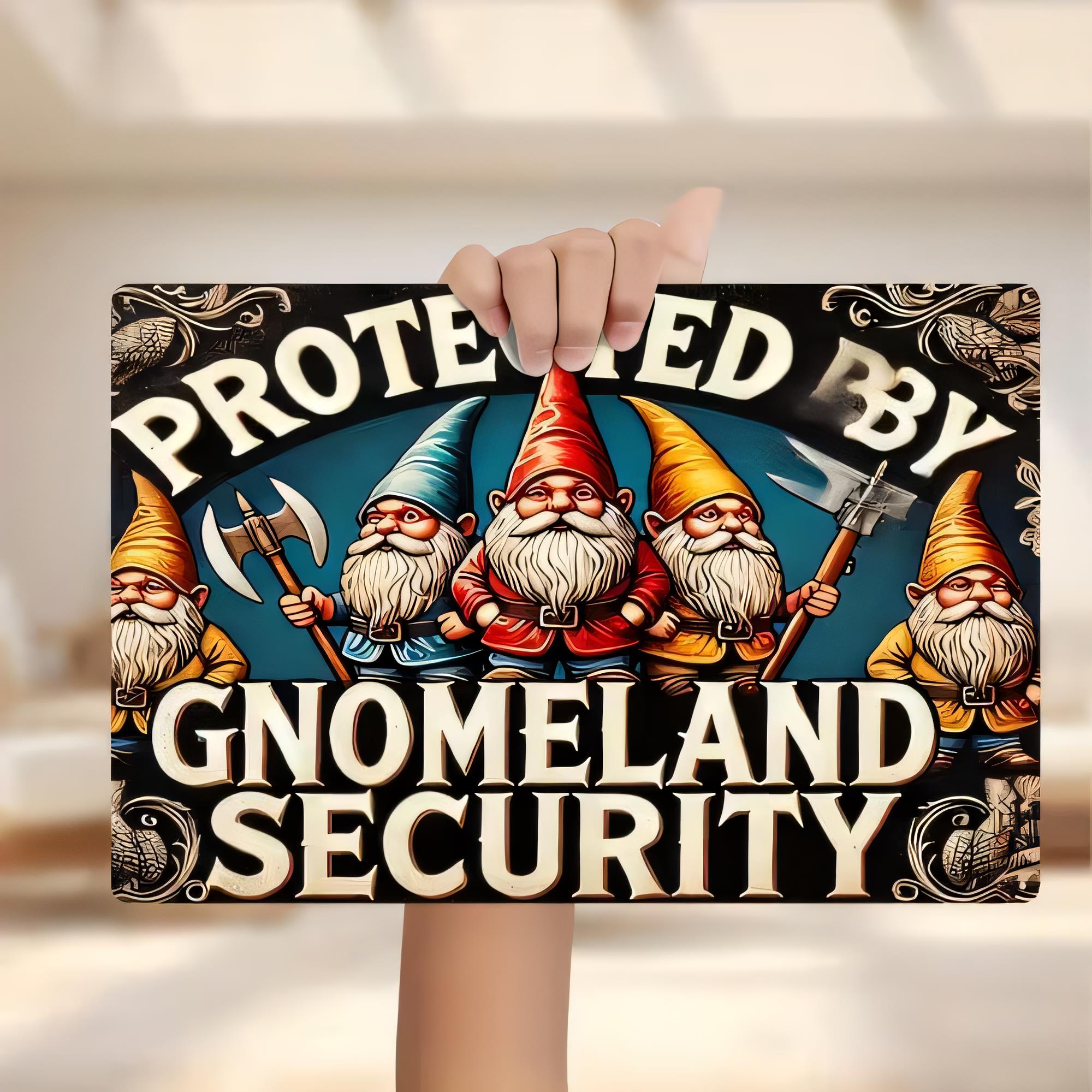 Home Security Bars - Tin Sign, Protected By Gnome Land